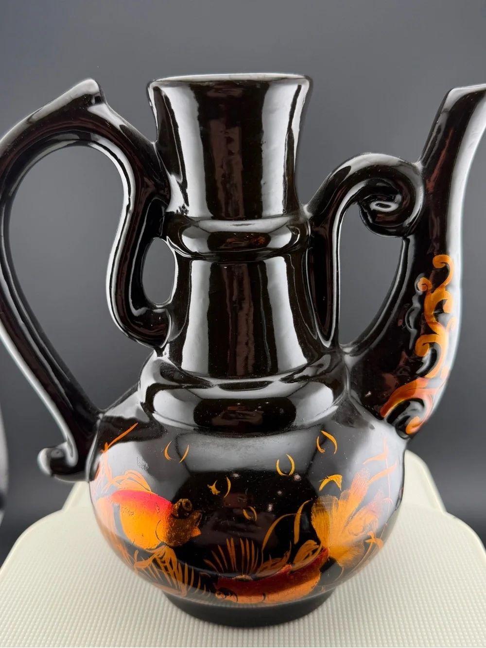 Japanese Lacquerware Sake Set Pitcher (no Lid) Tray 5 Small Cups Goldfish Theme